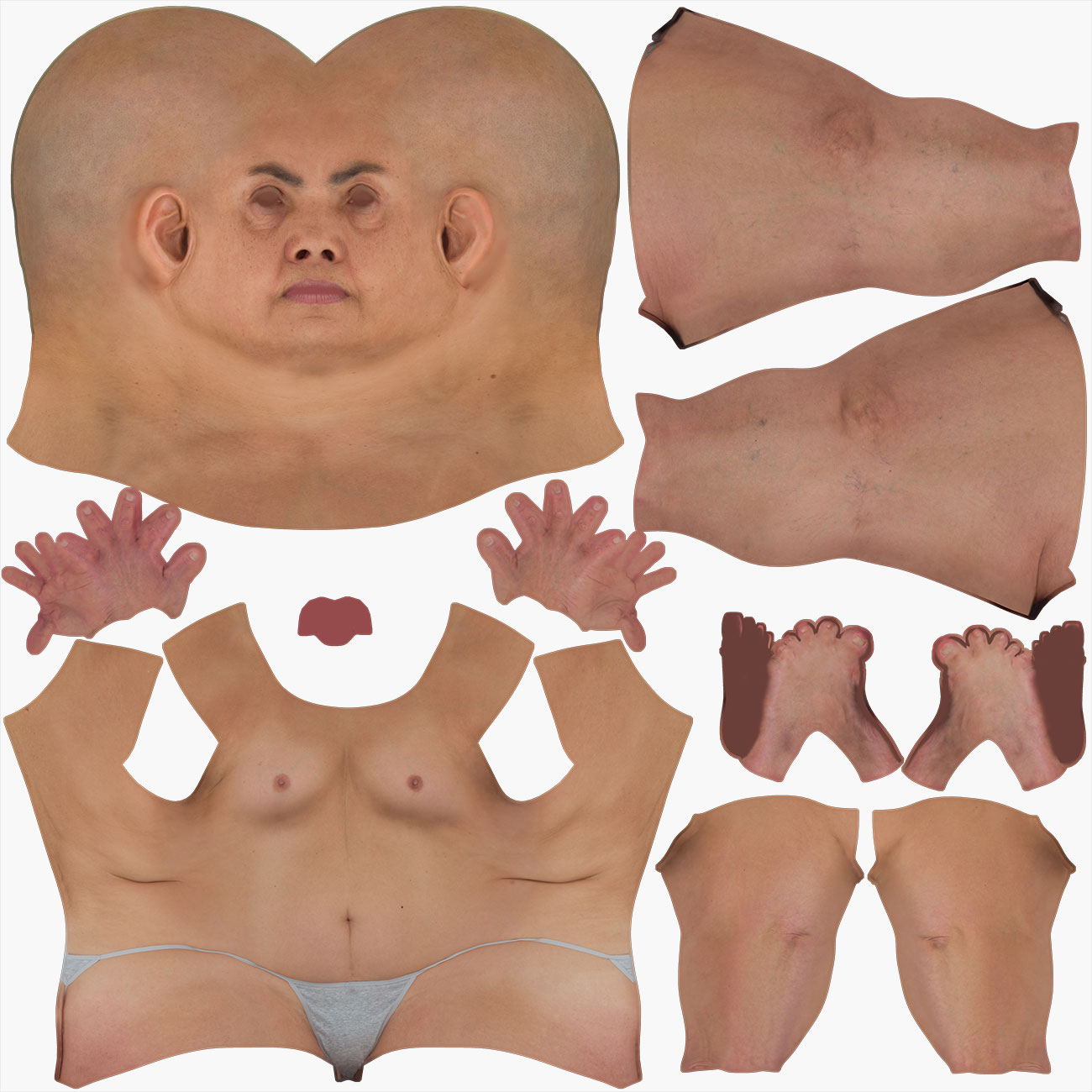 UV unwrap layout for a fuller-figured female 3D body scan showing low-distortion texture coordinate mapping